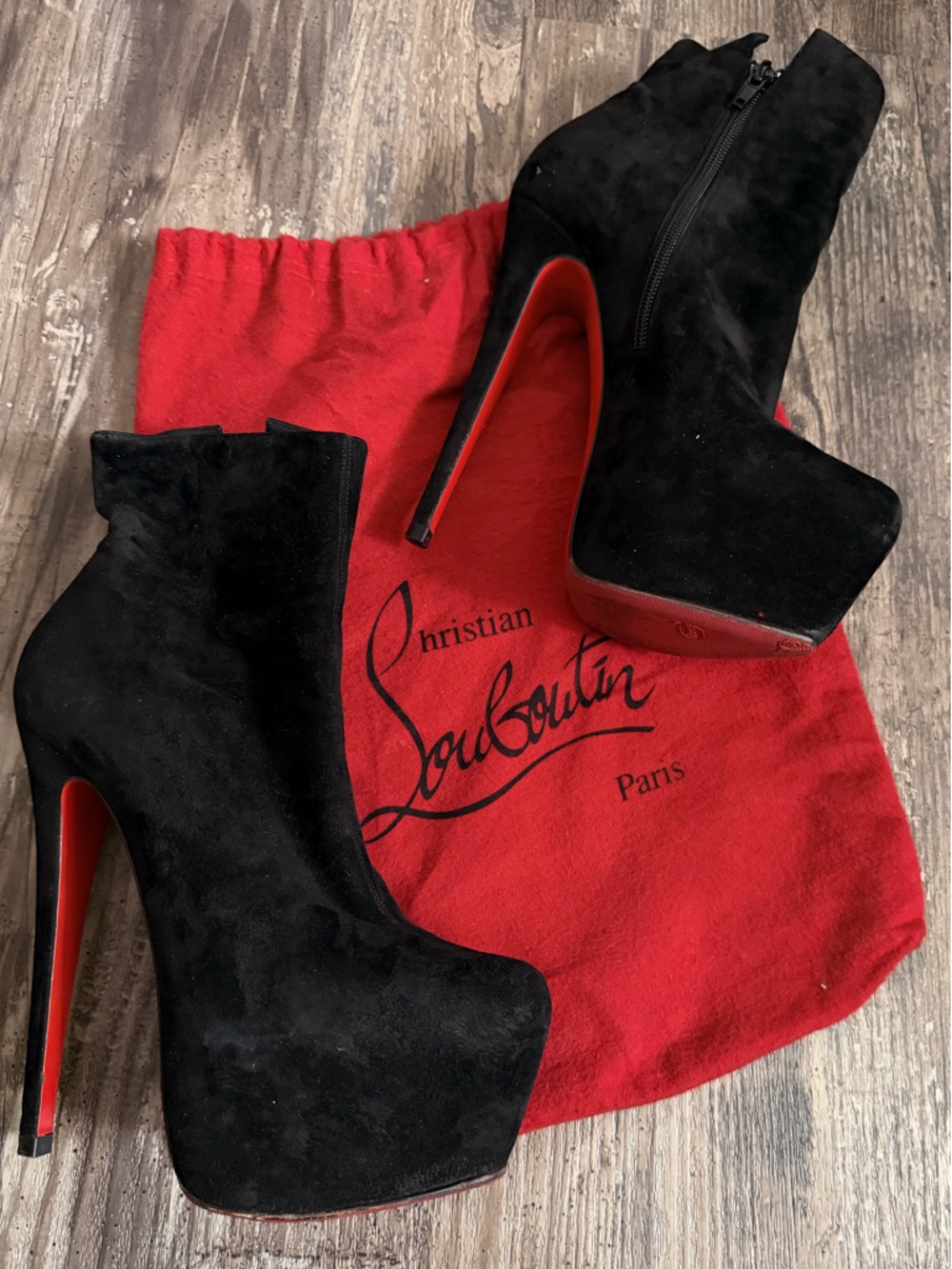 Christian Louboutin Black Suede Platform Ankle Booties with Red Sole Daf 160